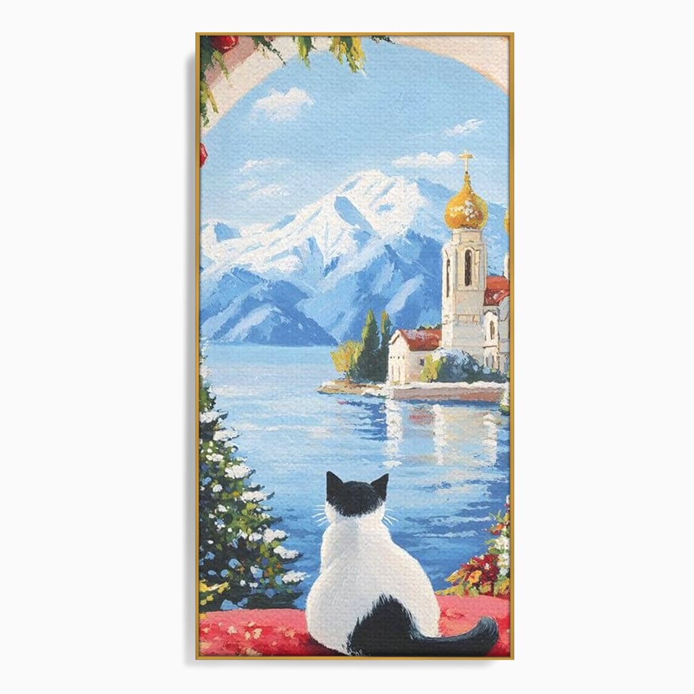Tablou canvas cu tablou canvas cu pisica privind spre munte, in rama de aluminiu auriu